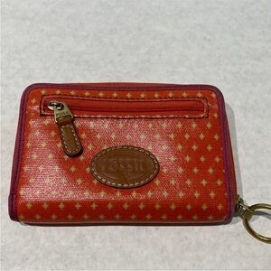 Fossil‎ Women Wallet Orange Coated Canvas Zip Around Geometric Accordion Wallet